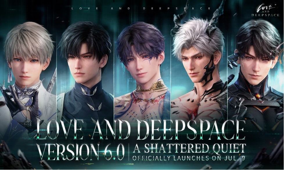 Promotional key art for the otome game Love and Deepspace showing five stylized male characters