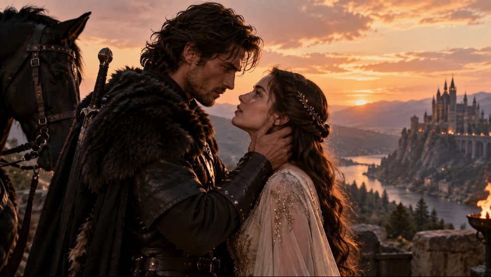 AI-generated illustration of a couple embracing before a fantasy castle at sunset