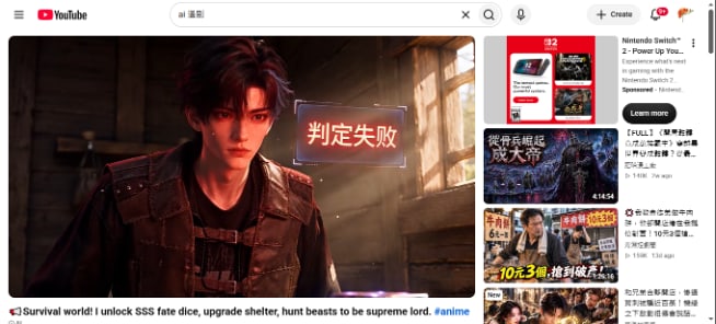 YouTube search results for AI manju, showing a photoreal AI drama thumbnail